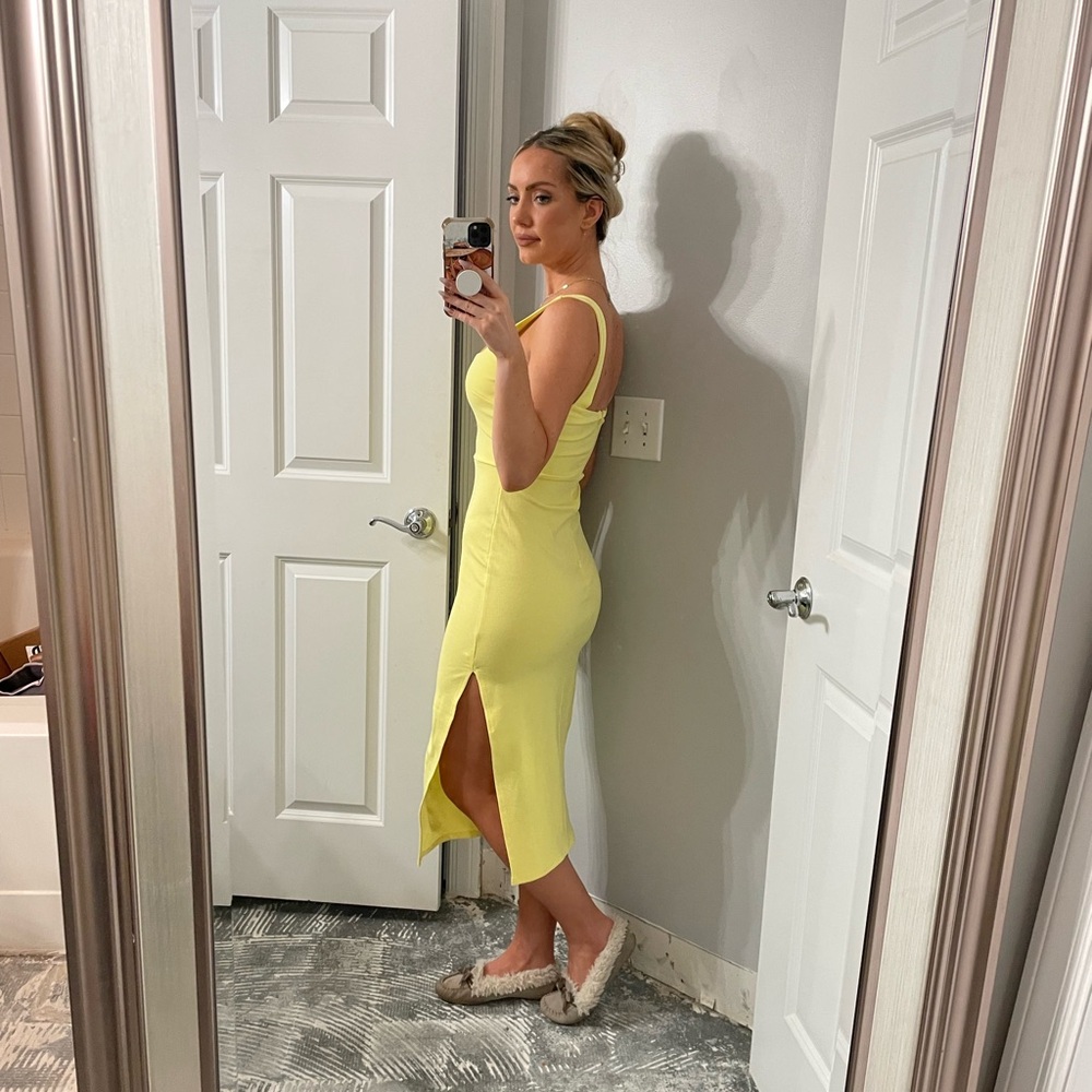 Yellow Bodycon Square Neck Tank Midi Dress - Picture 6 of 12